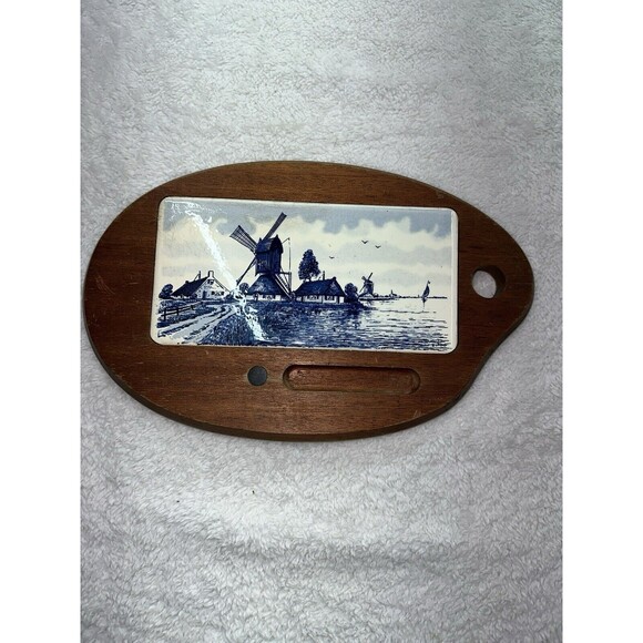 Delft Blue Windmill Cheese Board Charcuterie VTG Tile + Teak Wood Antique - Picture 8 of 16